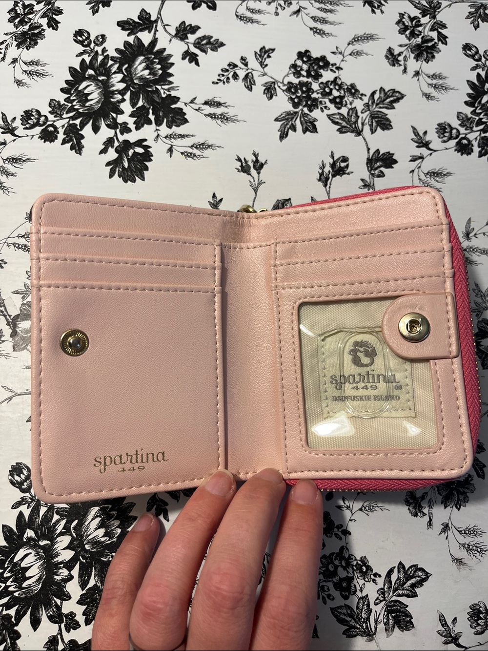 Spartina 449 Pink Floral Zip Wallet with Green and Gold Leaf Accents - Picture 2 of 7